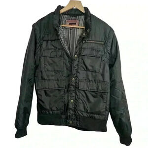 Sarin Black Bomber Jacket; Hideaway Hood & Detachable Arms | Size Medium